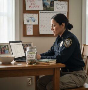 police mom working while having her saving on her side
